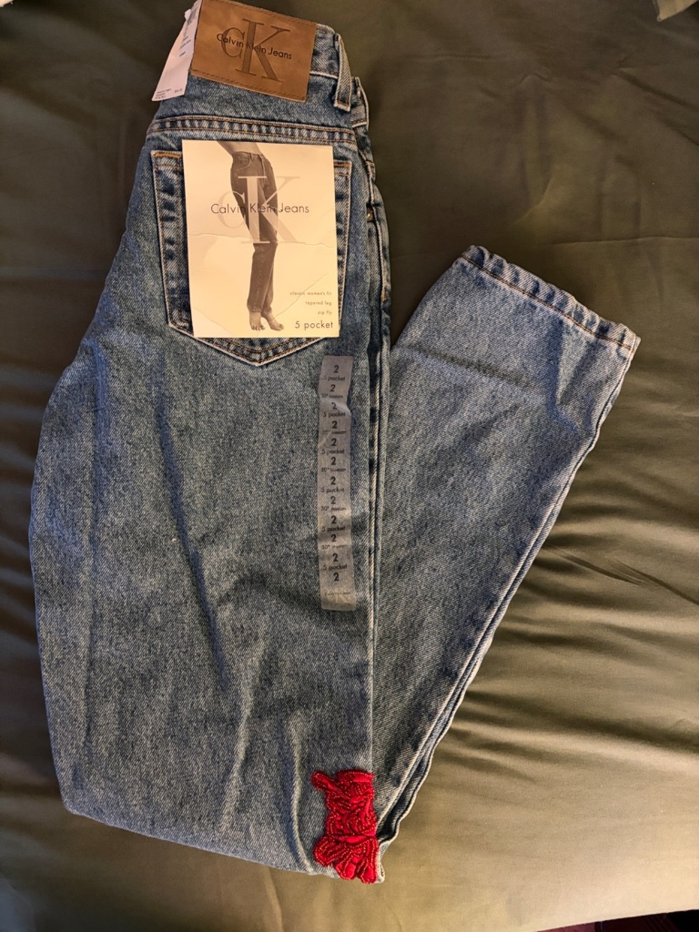 Calvin Klein 5 pocket Jeans Medium Blue Denim with Red Embroidered Accent